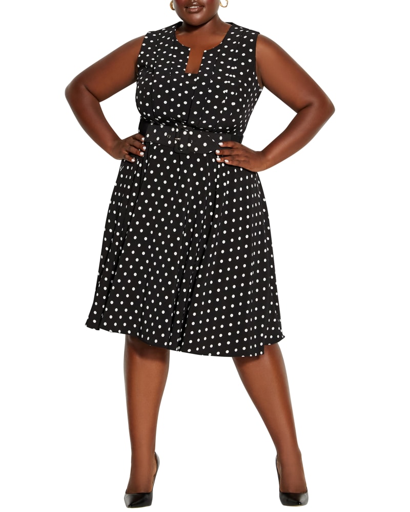 Front of a model wearing a size XS Morgan Vintage Spot Dress in Black / White by City Chic. | dia_product_style_image_id:233496